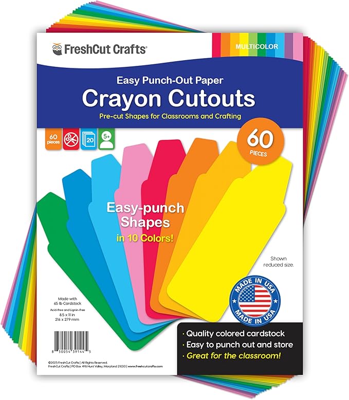 60 Pieces Crayon Cutouts for Kids Crafts, Bright Paper Crayon Shapes for by FreshCutCrafts