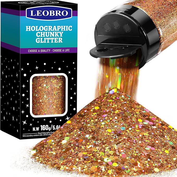 LEOBRO Ancient Gold Glitter, 160g/5.64oz Holographic Chunky Glitter by LEOBRO