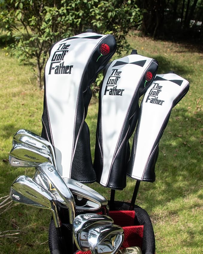The Golf Father Funny Golf Club Covers, Driver Fairway Wood Hybrid Headcover, Mallet Putter Covers Blade Headcovers Putter Cover Magnetic, Black and White Color Iron Covers for Most Brands