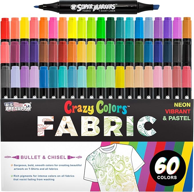 Super Markers 60 Unique Primary, Neon Colors Dual Tip Fabric & T-Shirt Marker by USArtSupply