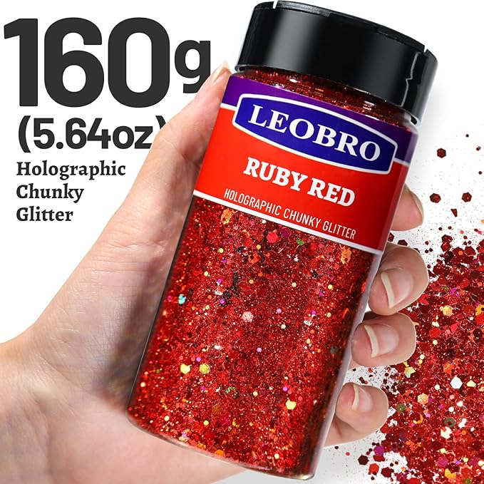 LEOBRO Red Glitter, 160g/5.64oz Holographic Chunky Glitter - Image 2