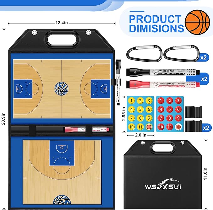 Magnetic Basketball Coaching Board | Foldable Leather Basketball Clipboard Kit for Coaches | Professional Basketball Tactic Board | Dry Erase Strategy Whiteboard | Carry Handle | Lightweight