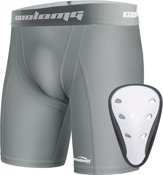 COOLOMG Youth Boys Compression Shorts with Protective Cup Athletic Sports Underwear for Baseball Football Lacrosse Hockey