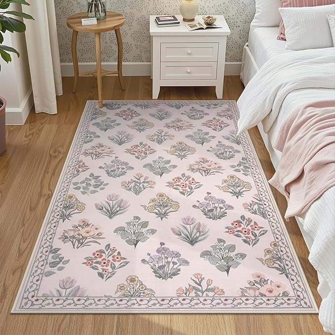 Wonnitar Boho Floral 3x5 Washable Rug, Ultra-Thin Pink Small Rugs by Wonnitar