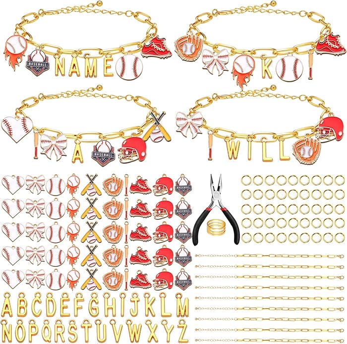 Kigeli 394 Pcs Sports Bracelets for Women DIY Game Bracelets kit Softball Baseball Football Jewelry Crafts Adjustable Gold Letter Charms Keychain for Team Sport Lovers Gifts