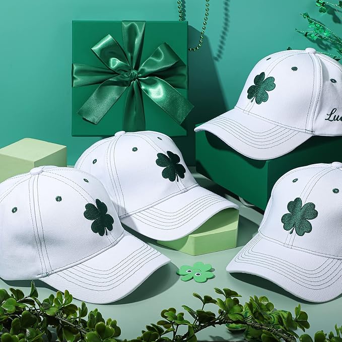 Tigeen 4 Pcs St Patricks Day Clover Caps Shamrock Hat Ireland Irish 4 Leaf St. Patrick's Day Hat Gift Men Women Baseball Cap