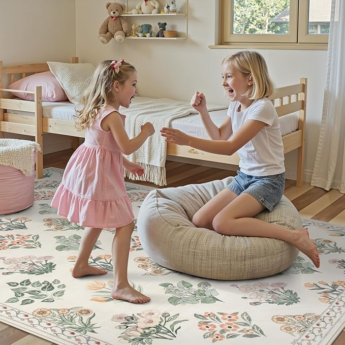 Wonnitar Nursery Rug for Baby Girl, Washable Moroccan Floral 5x7 Rug, - Image 2