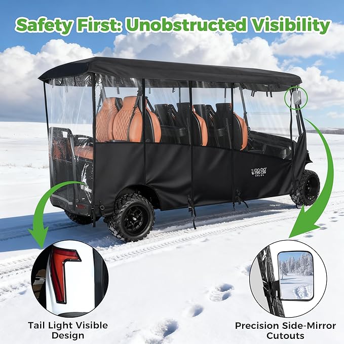10L0L 2/4/8 Passenger Golf Cart Enclosure for Club Car Precedent/Tempo/Onward, 600D Waterproof Golf Cart Rain Cover, Driving Enclosure with 4-Sided Clear Windows Roll-up Door Black -Roof 58"-141"