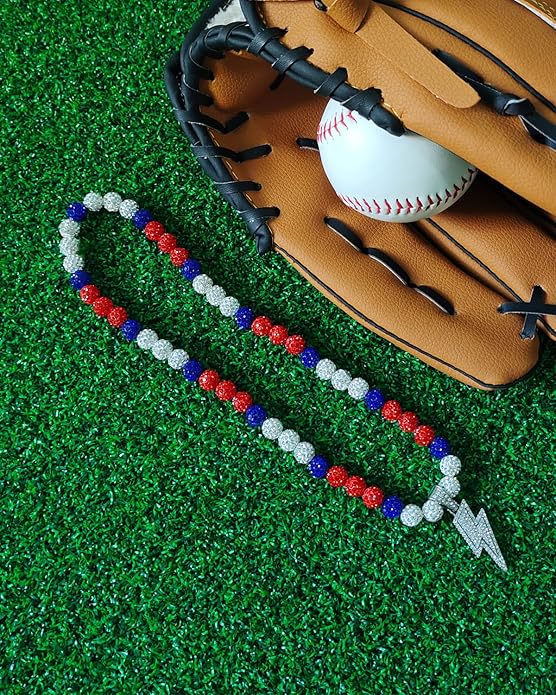 Baseball Necklace for Men 16/18/20 Inch Bling Ice Collection Lightning Bolt Pendant Necklace for Women Rhinestone Clay Beaded Discoball Accessories Gifts for Baseball Team Players Lovers