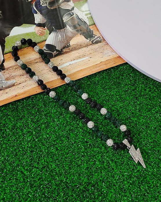 Baseball Necklace for Men 16/18/20 Inch Bling Ice Collection Lightning Bolt Pendant Necklace for Women Rhinestone Clay Beaded Discoball Accessories Gifts for Baseball Team Players Lovers