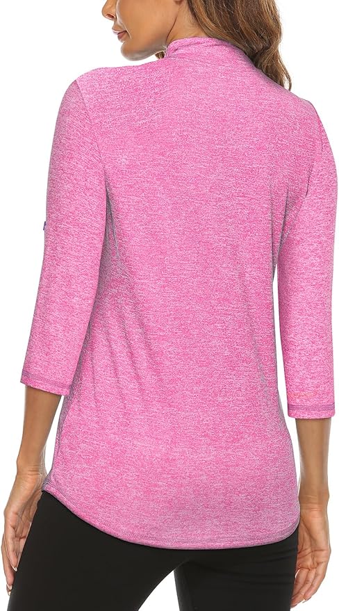 Koscacy Women's 3/4 Roll Sleeve Golf Tennis Polo Shirts UPF50+ Half Zip Dry Fit Workout Tops Athletic Shirt