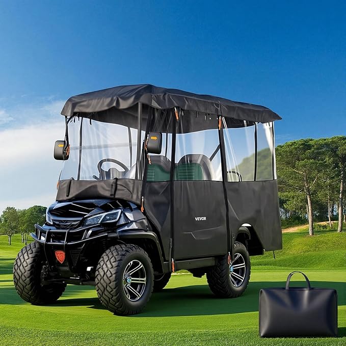 VEVOR Golf Cart Cover, Visible Full-Enclosure 2+2/4 Passenger Golf Cart, 420D Waterproof Oxford Fabric Club Car Cover Fits Most Carts Club Car, Yamaha, EZGO, Honda, PVC Coating & Windproof Hook Design