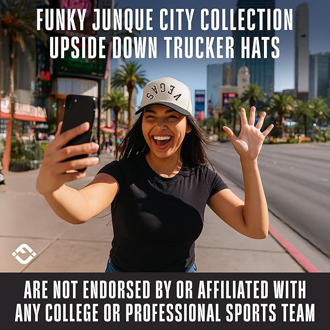 Funky Junque Upside Down City Trucker Hat for Men and Women – Unisex 3D Embroidered Gameday Baseball Cap, Retro Snapback Hats