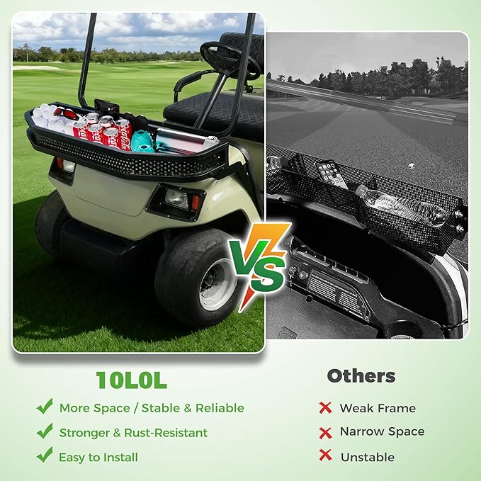10L0L Golf Cart Front Cargo Basket for EZGO TXT/RXV、Club Car DS/Precedent、Yamaha G22/G29 - Heavy-Duty Steel Mesh Storage Rack, Gas/Electric Compatible