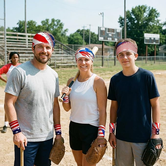 Unittype 4 Sets Baseball American Flag Headbands and Sports Wristbands Red White Blue Patriotic Sweatbands Flag Baseball Accessories for Athletes Sports Events Team Gift Unisex