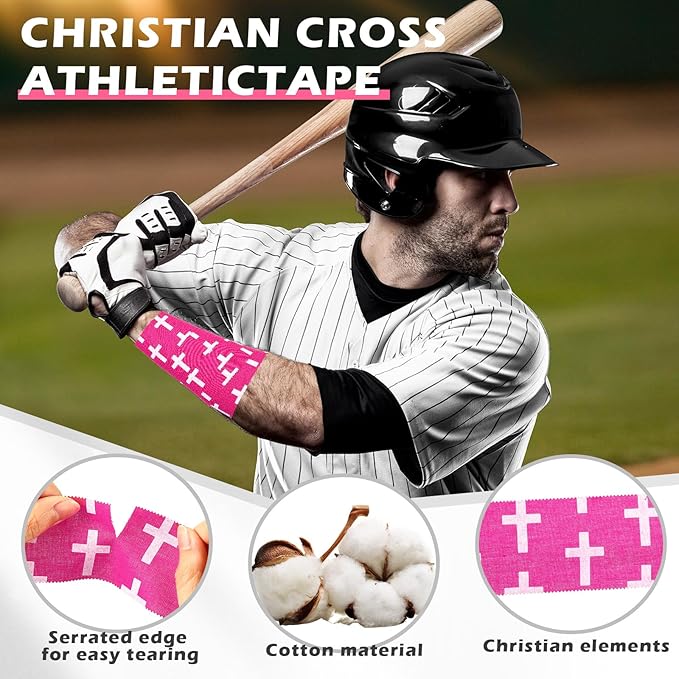 TrelaCo 2 Pcs Wrist Tape Baseball Cross Athletic 2in x 23ft Cotton Cross Wrist Tape Serrated Edges for Fingers Ankles Injury Wrap, Football Baseball Hockey Soccer (Rose Red with White)