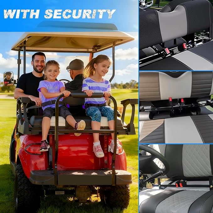 4 Passenger Golf Cart Seat Belt Bracket Kit Universal for Yamaha, EZGO, Club Car Golf Cart with 2+2 Flip Rear Seat, Retractable Seatbelts Max Length 42 Inches