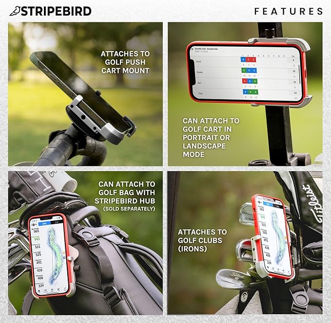 Stripebird - Magnetic Golf Cart Phone Holder - US Patented, Neodymium N52 Magnets - Golf Cart Phone Mount for iPhone & Samsung - Slim Golf Caddy Accessories for Men & Women
