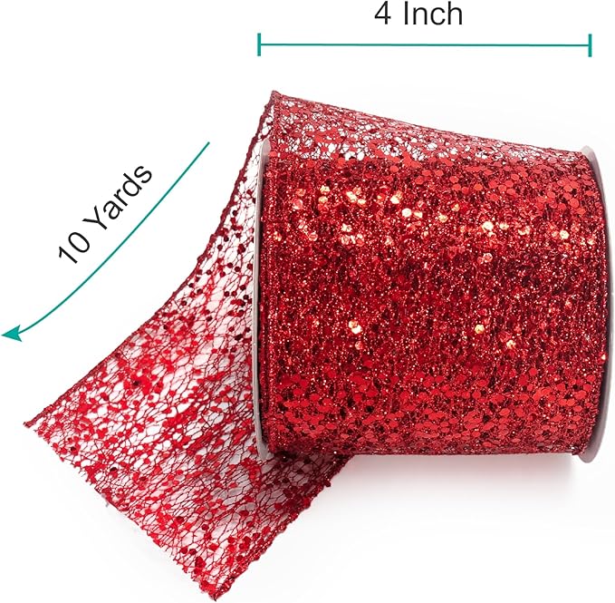 CT CRAFT LLC Sparkling Glitter Mesh Wired Ribbon 4" x 10 Yards Red - Image 2