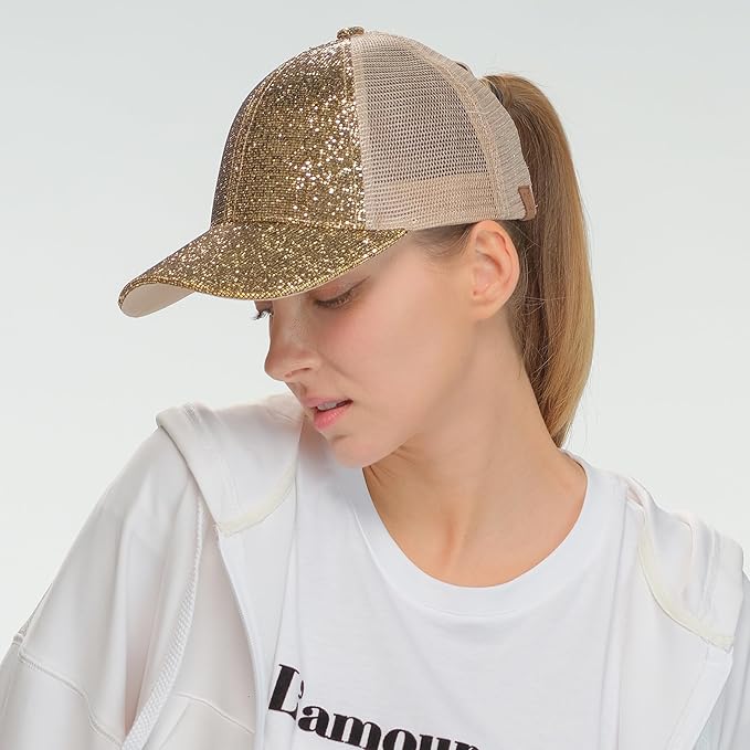 C.C Ponycap Messy High Bun Ponytail Adjustable Glitter Mesh Trucker Baseball Cap