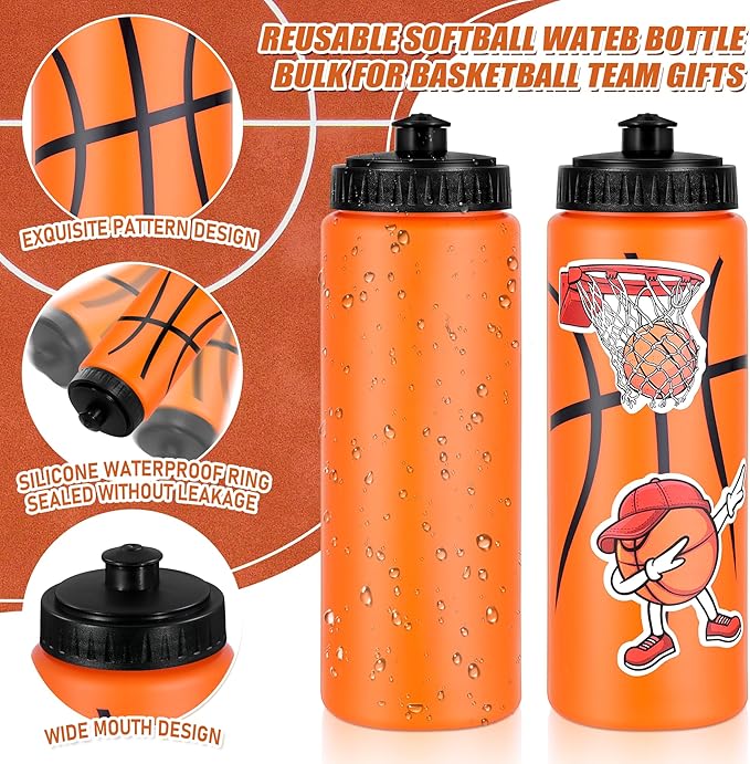 DI QIU REN 12 PCS Basketball Water Bottle Bulk with 300 PCS Stickers, 20 OZ Plastic Reusable Basketball Water Bottles for Boys, Squeeze Water Bottles Sports for Team