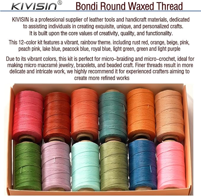 0.55mm Bonded Round Waxed Polyester Thread 76 Yards Each, 12 Rainbow Color Wax - Image 7