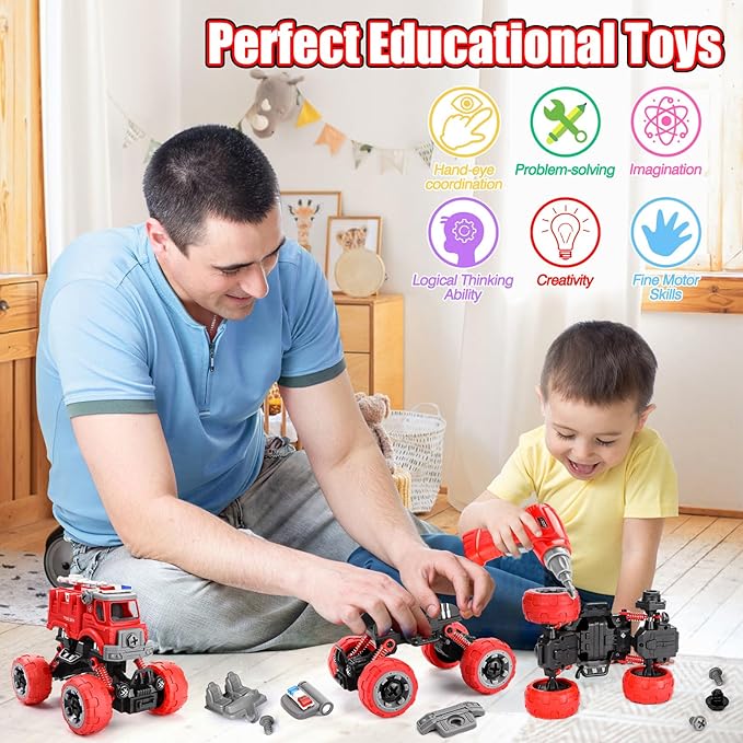 LUDILO 4PCS Fire Truck Toys for 3 4 5 Year Old Boy Birthday Gifts DIY Assembly - Image 5