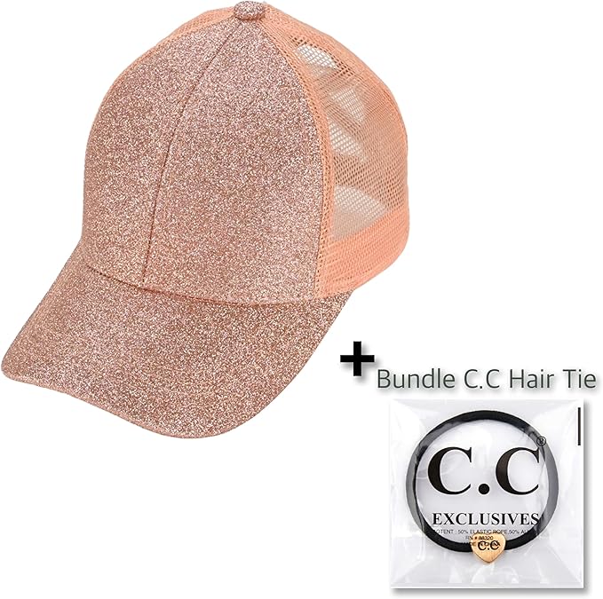 C.C Ponycap Messy High Bun Ponytail Adjustable Glitter Mesh Trucker Baseball Cap