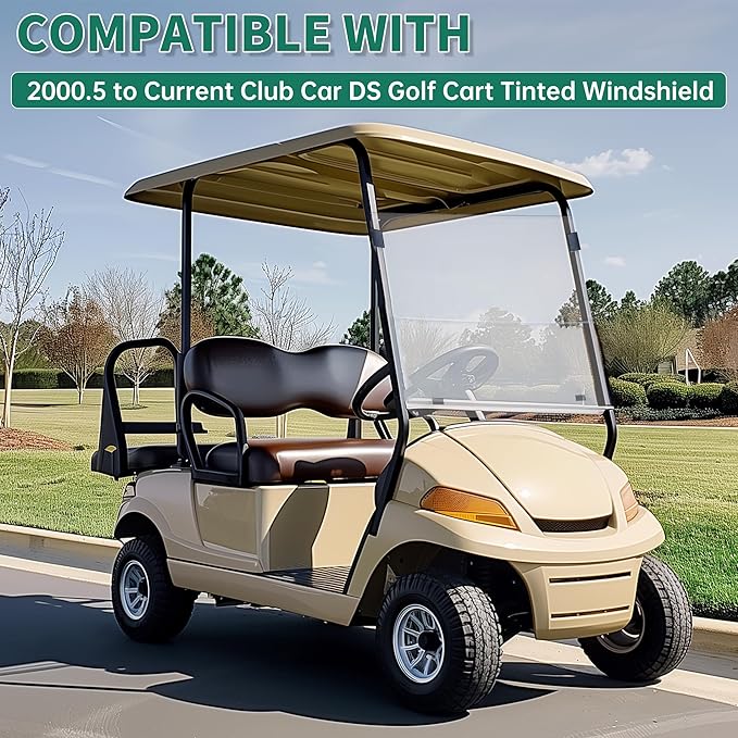 ECOTRIC Tinted Windshield Compatible with 2000.5 to Current Club Car DS Golf Cart Smoke Style Windshield Approximate Dimensions 40"W X 36.5"H Fold Down
