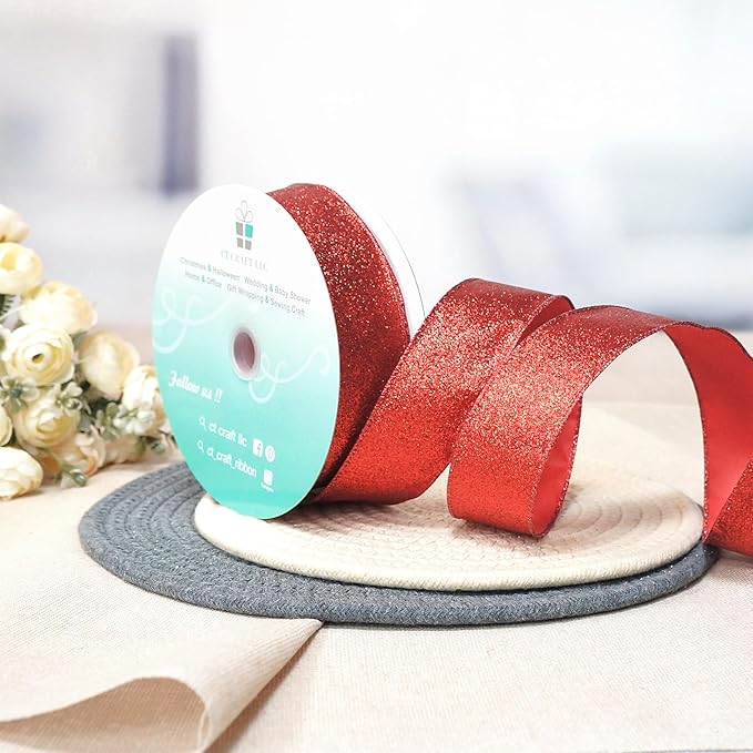 CT CRAFT LLC Glitter Wired Ribbon 1.5" x 20 Yards Red - Image 4