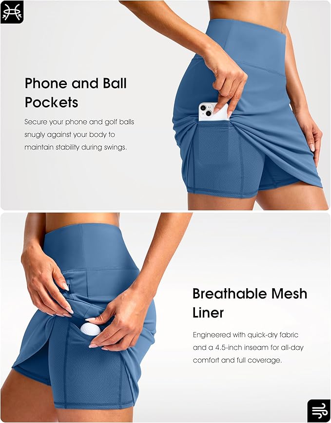 G Gradual 18" Golf Skirts for Women Zipper Pockets Mid Length Skort with Shorts Underneath High Waist Tennis Pickleball