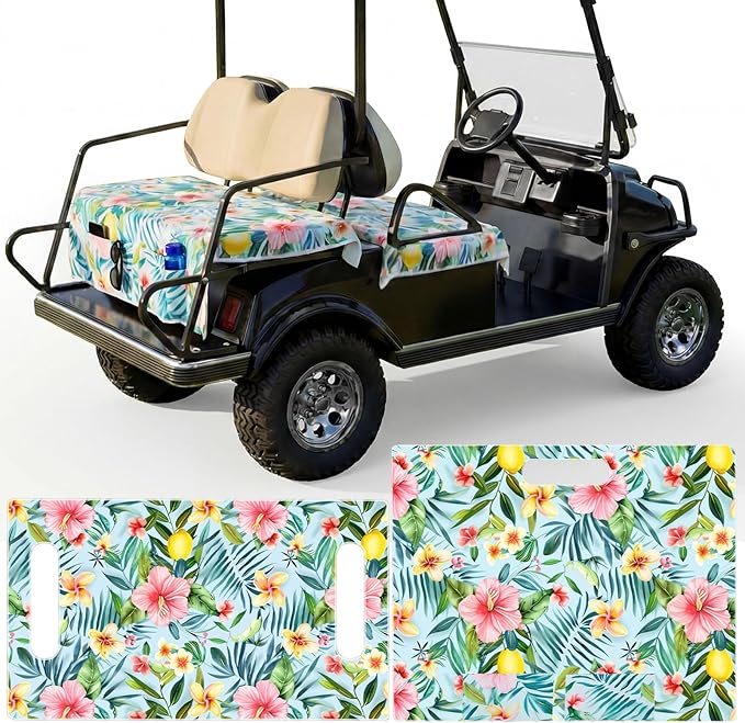 Fanfanwin 2 Pcs Hawaiian Style Golf Cart Seat Covers for 2 & 4 Passenger Carts, Golf Cart Seat Towel Blanket with Front and Rear Cover Compatible with Ezgo/Yamaha/Club Car