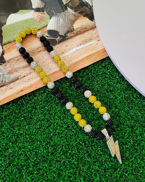 Baseball Necklace for Men 16/18/20 Inch Bling Ice Collection Lightning Bolt Pendant Necklace for Women Rhinestone Clay Beaded Discoball Accessories Gifts for Baseball Team Players Lovers