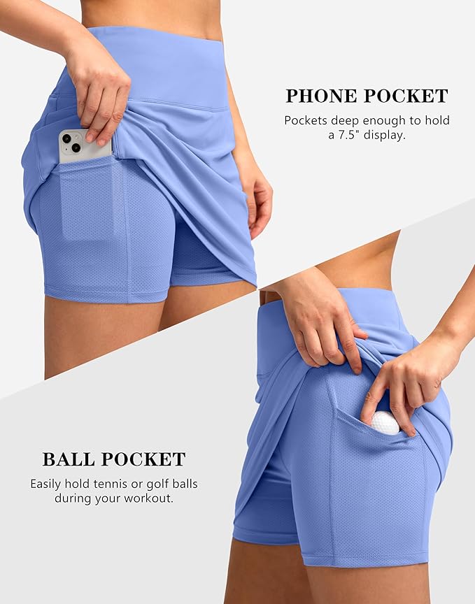Women's Golf Skirts Skort 4 Side Pockets High Waisted Stretchy Tennis Skirt with Short Athletic Casual