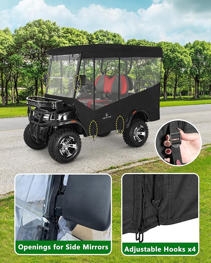 Golf Cart Enclosures 4 Passenger 93 inch Extended Roof for EDACAR Terrain 4 Seater, Clear Rain Cover 4 Sided Transparent Windows Zippers Door Roll Up Driving Enclosure, Side Mirrors Opening (Black)
