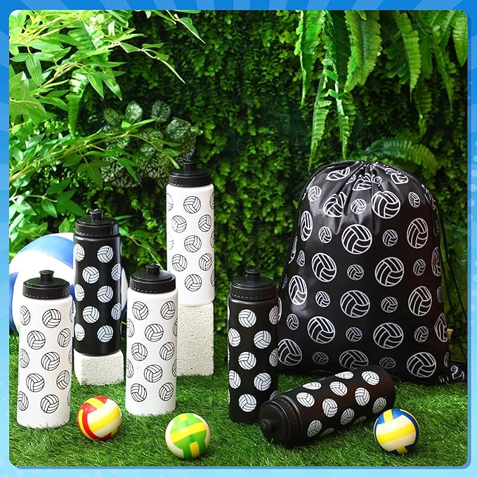 Funnymoom 12 Pcs Volleyball Water Bottle Drawstring Bag Set with 50 Sticker Volleyballs Party Favors 6 Reusable Sports Squeeze Water Bottle 20oz 6 Volleyballs Goodie Gift Bag