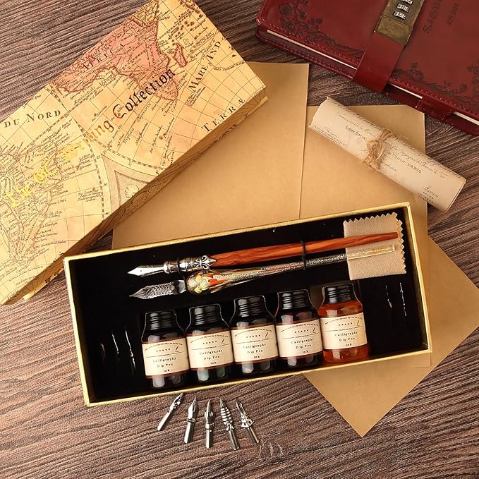 GC QUILL MU-02 Calligraphy Pen Set, Glass Dip Pen and Handcrafted Wooden Dip - Image 3