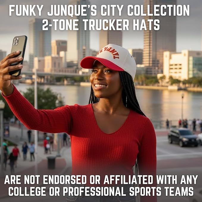 Funky Junque Upside Down City Trucker Hat for Men and Women – Unisex 3D Embroidered Gameday Baseball Cap, Retro Snapback Hats