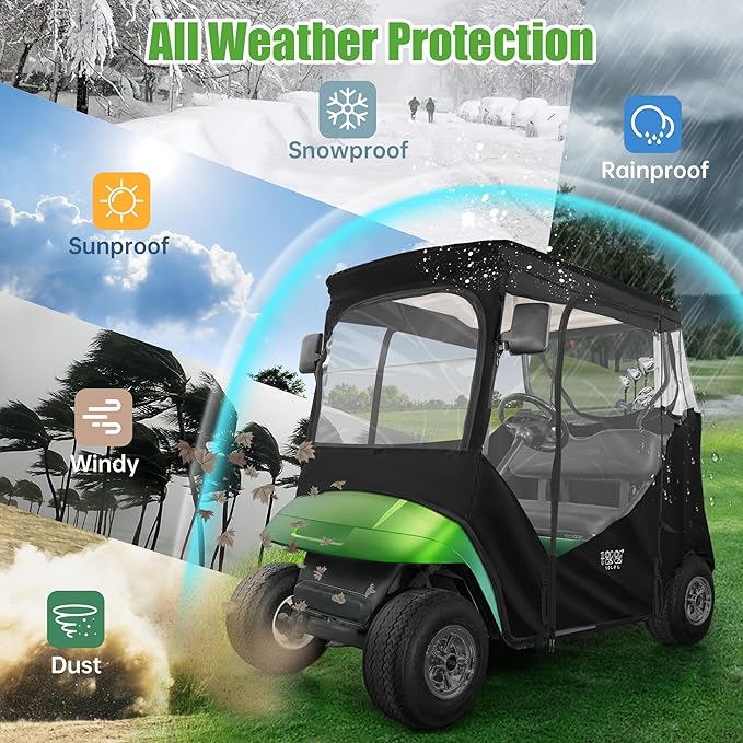 10L0L 2 Passenger Golf Cart Enclosure for EZGO TXT & RXV, 600D Waterproof Golf Cart Rain Cover, Heavy Duty Driving Enclosure, Snowproof Windproof, with Clear PVC Windows & Tail Light Panel - Roof 59”