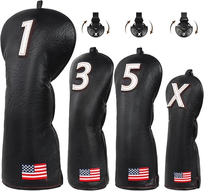 Golf Head Covers, US Flag Patriotism Golf Club Cover for Woods and Driver, Fairway, Hybrid - Premium Leather Golf Club Head Covers with Interchangeable Tags