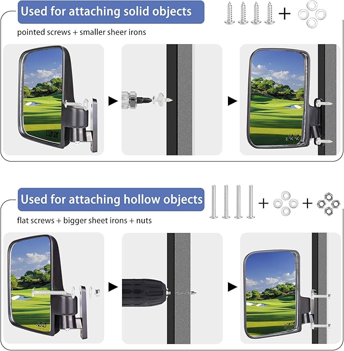 Universal Golf Cart Wide Angle Convex Rear View & Folding Side Mirror Kit, Compatible with Club Car, EZGO, Yamaha Models