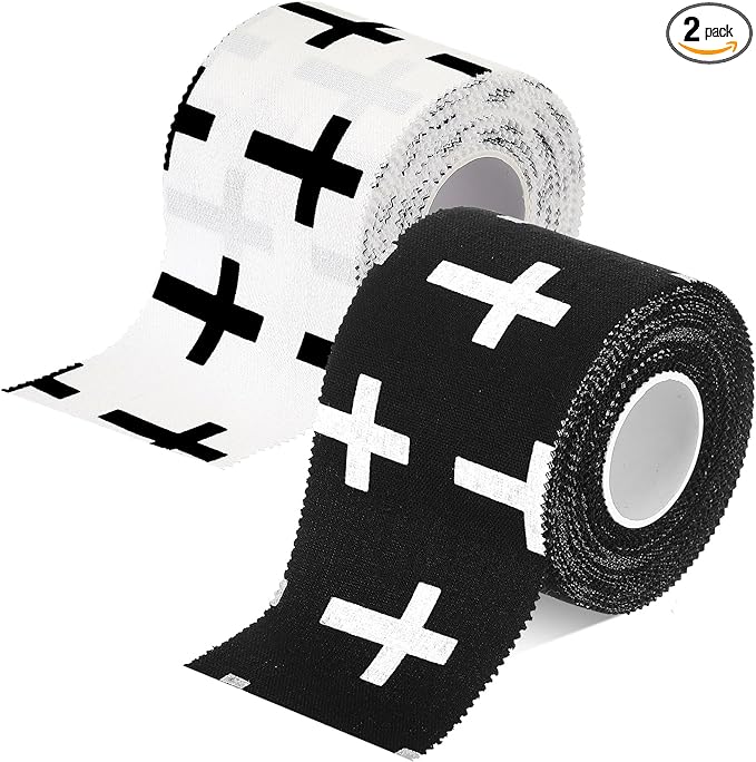 TrelaCo 2 Pcs Wrist Tape Baseball Cross Athletic 2in x 23ft Cotton Cross Wrist Tape Serrated Edges for Fingers Ankles Injury Wrap, Football Baseball Hockey Soccer (White,Black)
