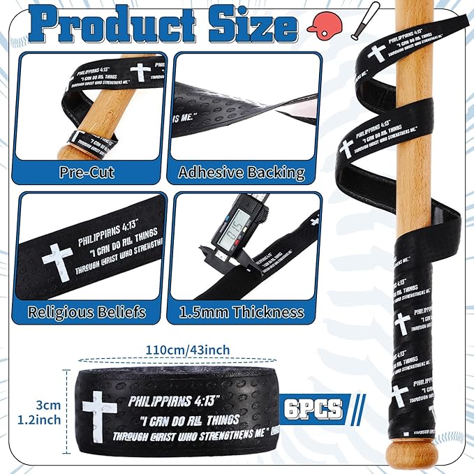 Sotiff 6 Pcs 43 Inch Cross Baseball Bat Grip Tapes 1.5 mm Precut and Full Adhesive Bat Tape for Softball Non Slip Religious Baseball Grip Tapes for Sports