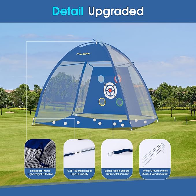 FILORI Golf Practice Net 10x7FT - Golf Hitting Net with Tri-Turf Mat, 8 Balls, Tee & Carry Bag, Indoor/Outdoor Backyard Training for Driving Chipping Swing, Ideal Gifts