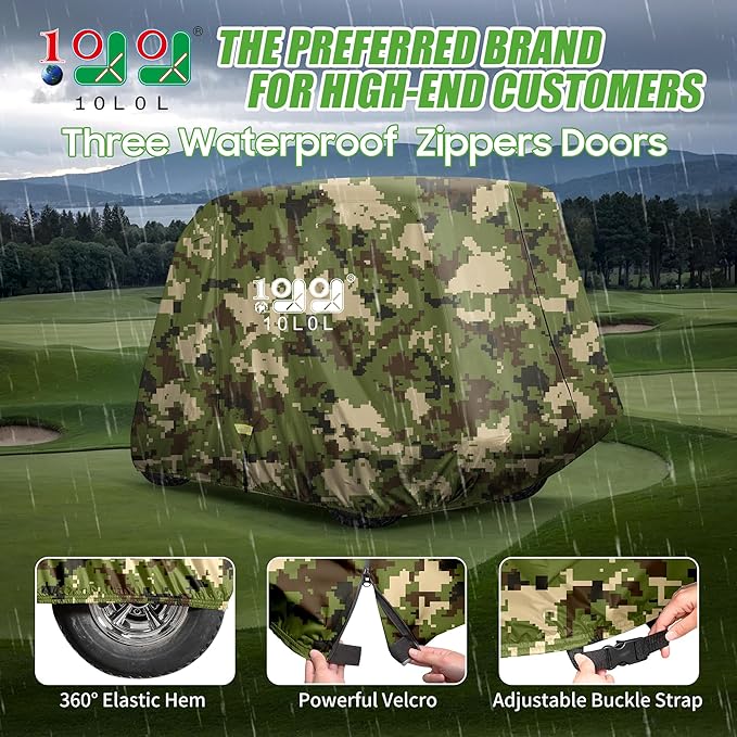 10L0L Universal Golf Cart Covers for Yamaha, Club Car, EZGO, Waterproof 2/4 Passenger Heavy Duty Golf Cart Rain Covers with 3 Zipper Doors Extended Roof for Outdoor All-Weather Protection