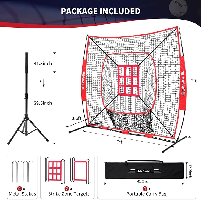 BAGAIL 7x7 ft Extra Large Baseball & Softball Training Net with Batting Tee, Heavy Duty Reinforced Steel Frame, Oversized Hitting Zone for All Levels, Portable Backstop with Carry Bag