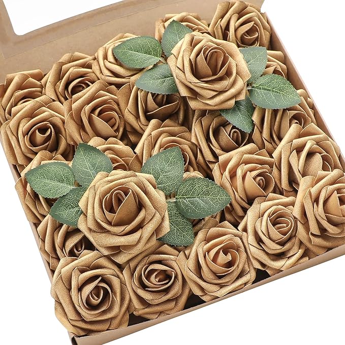 Floroom Artificial Flowers 25pcs Real Looking Antique Gold Foam Fake Roses by Floroom