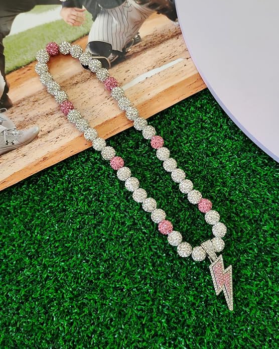Baseball Necklace for Men 16/18/20 Inch Bling Ice Collection Lightning Bolt Pendant Necklace for Women Rhinestone Clay Beaded Discoball Accessories Gifts for Baseball Team Players Lovers