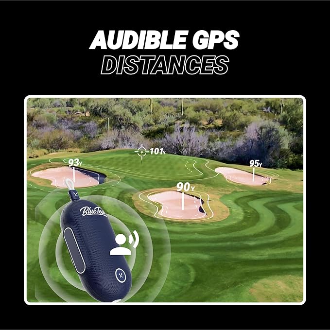 Blue Tees Golf Player Go - Golf GPS Speaker, Powered by AI, Compact GPS Speaker, Auto Course Recognition, Bluetooth Audio, 40,000+ Courses, IPX7 Waterproof, 16+ hr Battery, Built-in Magnetic Strip