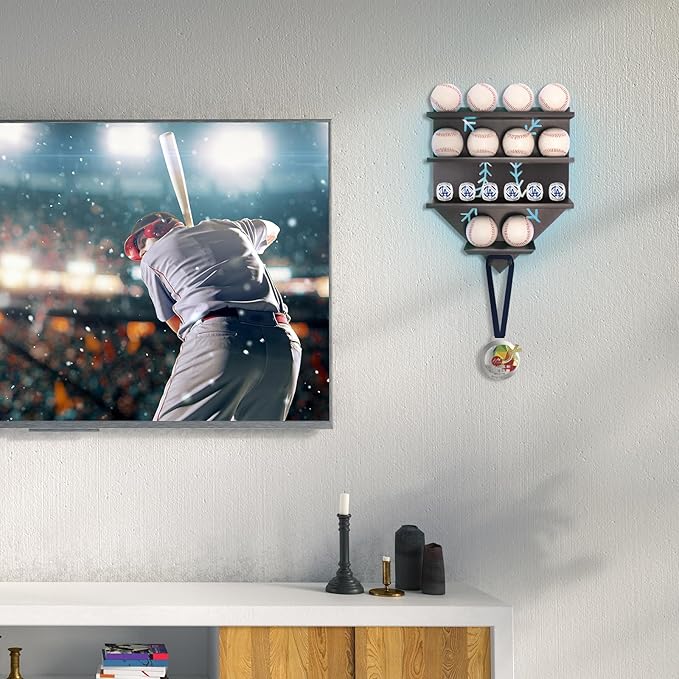 Baseball Display Shelf with LED Light, Home Plate Shaped Wood Holder, Championship Ring Wall Organizer for PSA SGC Collectibles, Ball Hanging Frame Gift for Boys Son